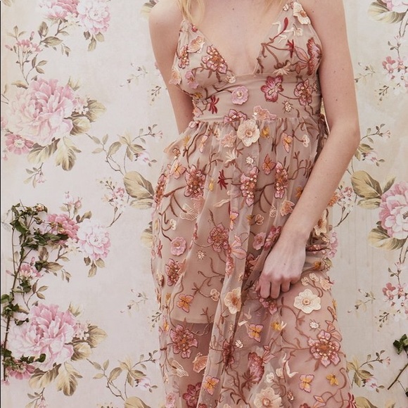 For Love And Lemons Floral Embroidered Midi Dress - Pink and Cream - Picture 1 of 13